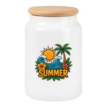Sommerliches Tropenparadies Motiv - Keksdose mit Holzdeckel - Weiß - Vorne