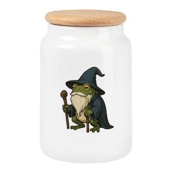 Grenouille barbue sage avec chapeau magique - Boîte à biscuits avec couvercle en bois - blanc - Devant