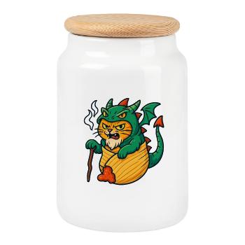 Drachenkatze im Fantasy-Design - Keksdose mit Holzdeckel - Weiß - Vorne