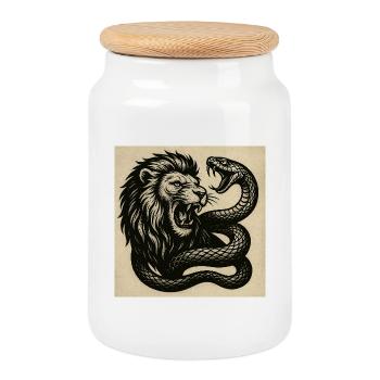 Lion et Serpent TattooDesign - Boîte à biscuits avec couvercle en bois - blanc - Devant