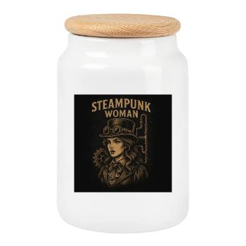 Steampunk Woman Portrait auf Schwarz - Keksdose mit Holzdeckel - Weiß - Vorne