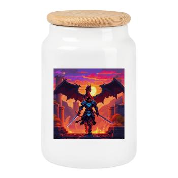 Dragon warrior in pixel art style - Cookie Jar with Wooden Lid - white - Front
