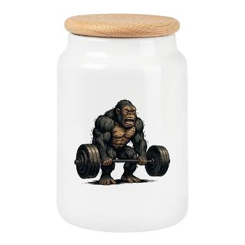 Aesthetic monkey with dumbbell - Cookie Jar with Wooden Lid - white - Front