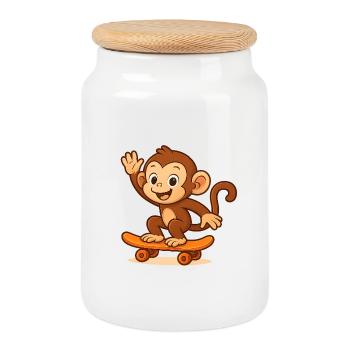Playful monkey on skateboard - Cookie Jar with Wooden Lid - white - Front