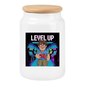 Retro Gamer Level Up Illustration - Cookie Jar with Wooden Lid - white - Front