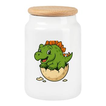 Cute dinosaur offspring on egg - Cookie Jar with Wooden Lid - white - Front