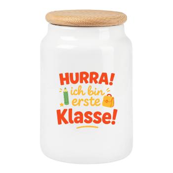 Erste Klassenbeginn Schriftzug mit Schulranzen - Keksdose mit Holzdeckel - Weiß - Vorne