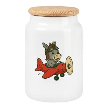 Playful donkey in airplane design - Cookie Jar with Wooden Lid - white - Front