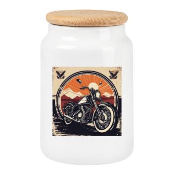 Vintage Motorcycle Design - Cookie Jar with Wooden Lid - white - Front