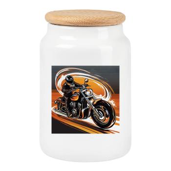 Motorradfahrer im Dynamik - Stil - Biker Kunstdesi - Keksdose mit Holzdeckel - Weiß - Vorne