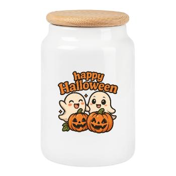Cute Ghosts Halloween Design - Cookie Jar with Wooden Lid - white - Front