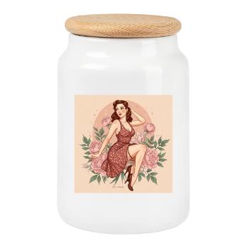 Figurine rétro pour dames avec des fleurs et le style des années 50 - Boîte à biscuits avec couvercle en bois - blanc - Devant