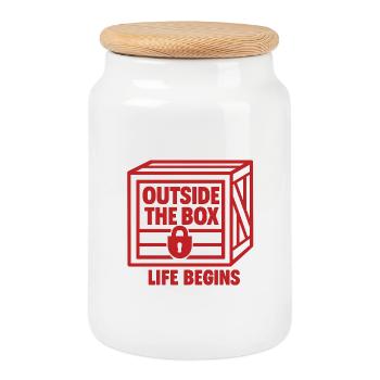 Outside the box - life begins - Cookie Jar with Wooden Lid - white - Front