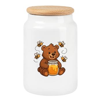 Cute Bear Honey Beekeeper Design - Cookie Jar with Wooden Lid - white - Front