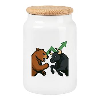 Bears and Bulls Fight Chart - Cookie Jar with Wooden Lid - white - Front