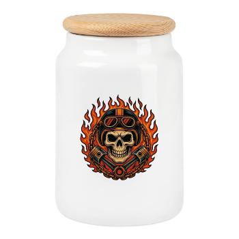 Fire & Flames Design Motorcycle Skull - Cookie Jar with Wooden Lid - white - Front