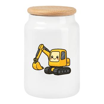 Cute excavator with googly eyes - Cookie Jar with Wooden Lid - white - Front