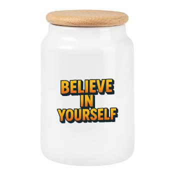 Believe in Yourself 3D Lettering - Cookie Jar with Wooden Lid - white - Front