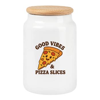 Illustration de tranche de pizza heureuse - Boîte à biscuits avec couvercle en bois - blanc - Devant
