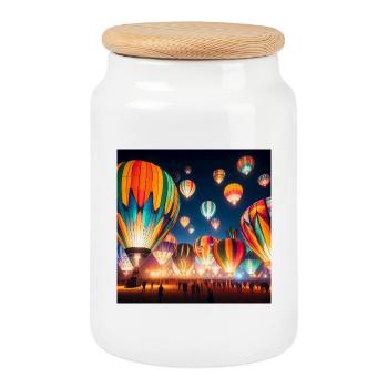 Colorful Night Hot Air Balloons - Cookie Jar with Wooden Lid - white - Front