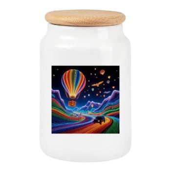 Dreamlike ride in a luminous balloon - Cookie Jar with Wooden Lid - white - Front