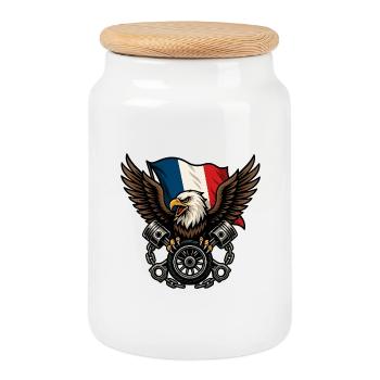 French Eagle with Flag - Cookie Jar with Wooden Lid - white - Front