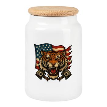Patriot Tiger with American Flag - Cookie Jar with Wooden Lid - white - Front