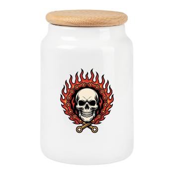 Flaming Flamed Skull in Flame Chain - Cookie Jar with Wooden Lid - white - Front