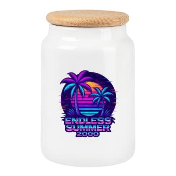 Neon Sunset Palm Trees Design - Cookie Jar with Wooden Lid - white - Front
