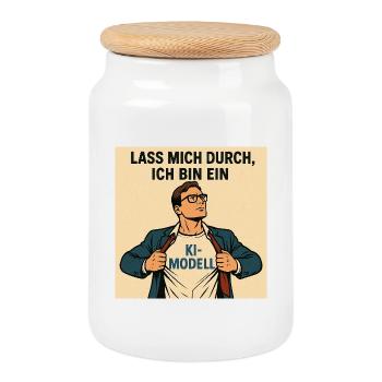 Humorvoller KI-Modell Heldenkleidung - Keksdose mit Holzdeckel - Weiß - Vorne