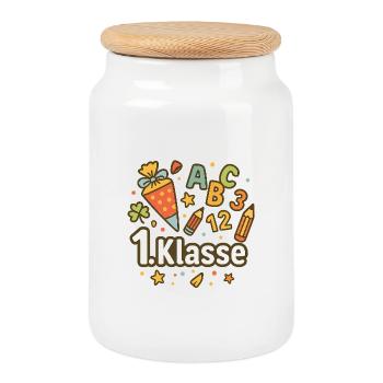 First Year Motif with School Supplies - Cookie Jar with Wooden Lid - white - Front