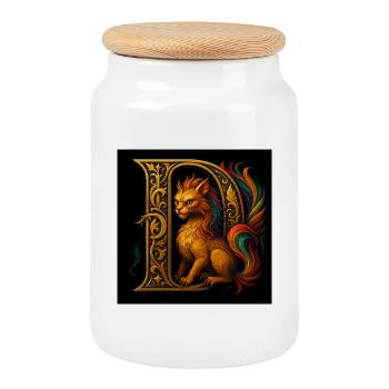 D - Magical ornament with cat-like creature - Cookie Jar with Wooden Lid - white - Front