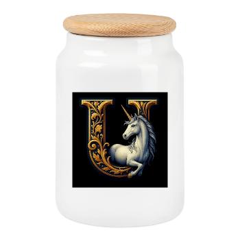 U – Ornement magique avec licorne - Boîte à biscuits avec couvercle en bois - blanc - Devant