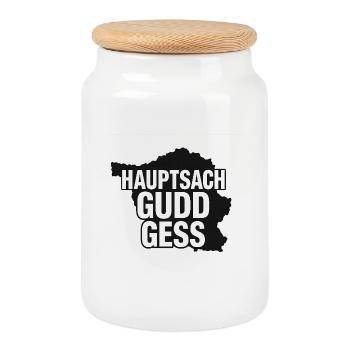 Lustiges Saarland Shirt: Hauptsach gudd gess - Keksdose mit Holzdeckel - Weiß - Vorne