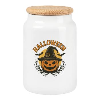 Tête de citrouille d’Halloween avec chapeau de sorcière - Boîte à biscuits avec couvercle en bois - blanc - Devant