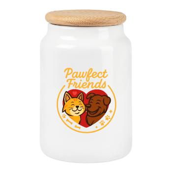 Dogs and Cat Friendship Motif - Cookie Jar with Wooden Lid - white - Front