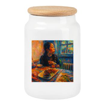 Portrait expressif de la réflexion et du repas - Boîte à biscuits avec couvercle en bois - blanc - Devant