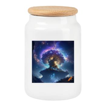 Surreal Luminous Cosmic Tree - Cookie Jar with Wooden Lid - white - Front