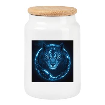 Tigre luminescent et cosmos nocturne - Boîte à biscuits avec couvercle en bois - blanc - Devant