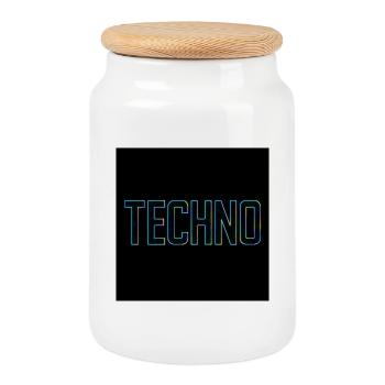Neon Techno lettering on black - Cookie Jar with Wooden Lid - white - Front