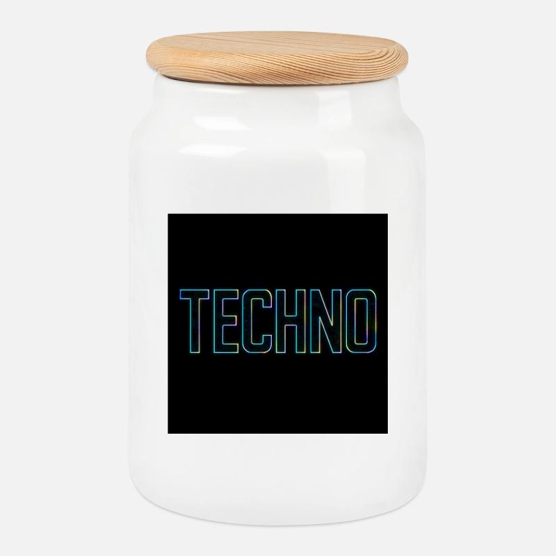 Neon Techno Schriftzug auf Schwarz - Keksdose mit Holzdeckel - Weiß