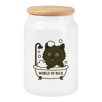 Spitz ludique (chien) dans la salle de bain avec des bulles de savon - Boîte à biscuits avec couvercle en bois - blanc - Devant