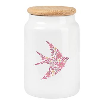 Nordic Floral - Bright Pink Rose Bird - Cookie Jar with Wooden Lid - white - Front