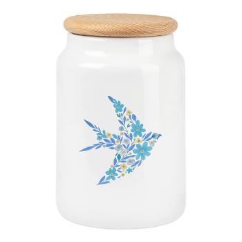 Floral nordique - Oiseau bleu vif - Boîte à biscuits avec couvercle en bois - blanc - Devant