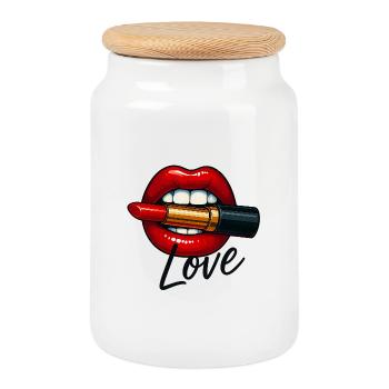 Kiss Lips avec rouge à lèvres et police d’amour - Boîte à biscuits avec couvercle en bois - blanc - Devant