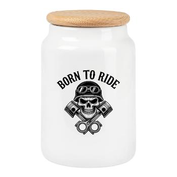 Born to Ride – Skull & Pistons Biker Design - Keksdose mit Holzdeckel - Weiß - Vorne