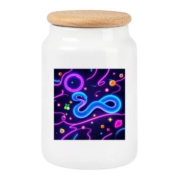 Serpent néon lumineux avec des motifs de fruits - Boîte à biscuits avec couvercle en bois - blanc - Devant