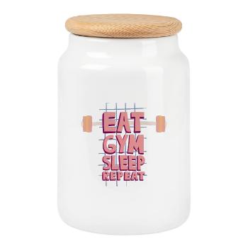 Decorative Fitness Slogan with Barbell - Cookie Jar with Wooden Lid - white - Front