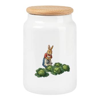 Rabbit Planter kümmert sich um Kohl - Keksdose mit Holzdeckel - Weiß - Vorne