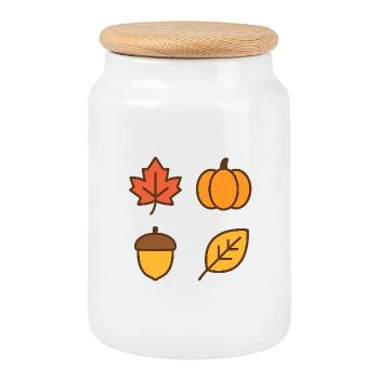 Autumn Leaves and Pumpkin Theme - Cookie Jar with Wooden Lid - white - Front